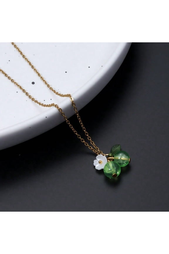 Standard Green Apple Pendant Necklace With White Flower Charm Goldtone Chain Clavicle Jewelry