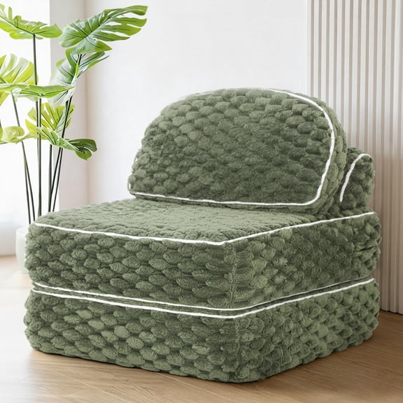 Standard Green Folding Sofa Bed, 3-In-1 Convertible Sleeper Chair With Pillow And Back Support, Fuzzy Fabric Floor Couch For Adults