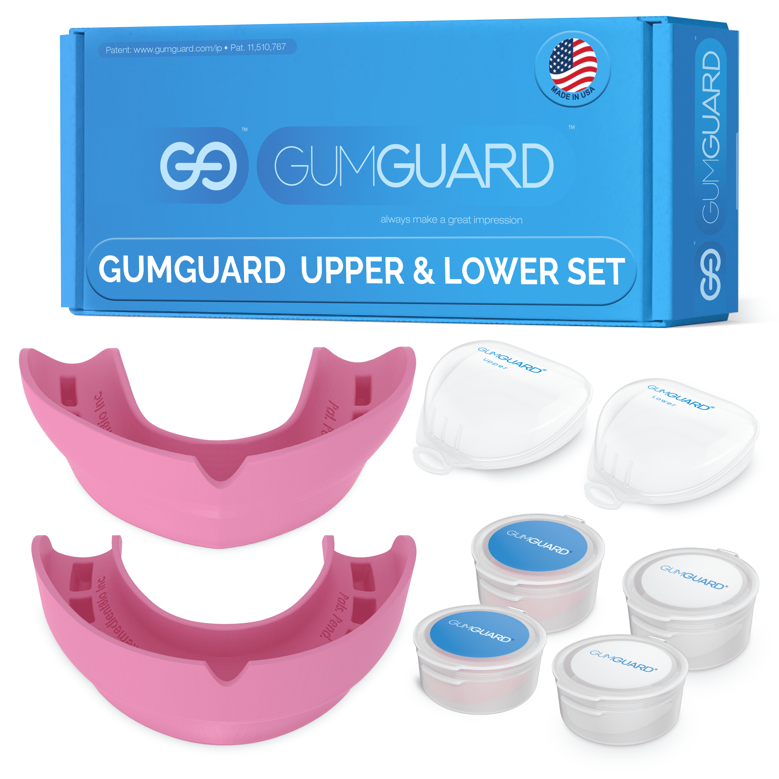 Standard GumGuard Full Arch Denture Mouthguard Set Upper and Lower Custom-Fit Made in USA Pink