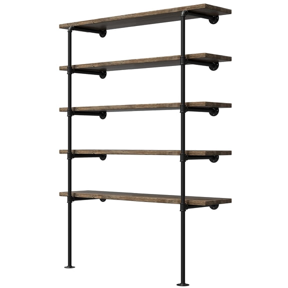 Standard Industrial Retro Wall Mount Iron Pipe Shelf, 5-Tier Open Bookshelf For Home, Kitchen, Office