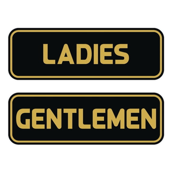 Standard Ladies Gentlemen Restroom Sign Set - Black / Gold Small 2" X 6"