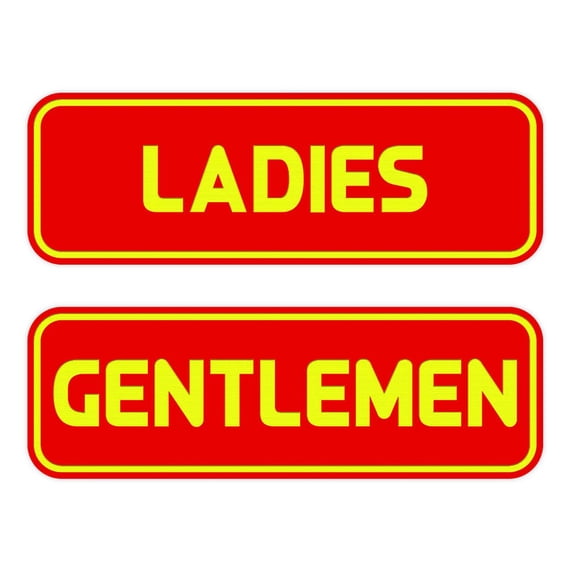 Standard Ladies Gentlemen Restroom Sign Set - Red / Yellow Small 2" X 6"