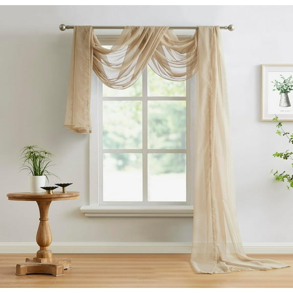 Standard Length Taupe Brown Sheer Window Scarf. Valance Scarves are 54 X 144 Inches. Great As Wedding Arch Draping Fabric, Bed Canopy Or for Decorative Project. AM Taupe 144"