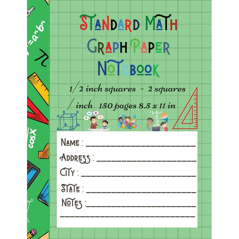 Standard Math Graph Paper Notebook - 1/2 inch squares - 2 squares 
