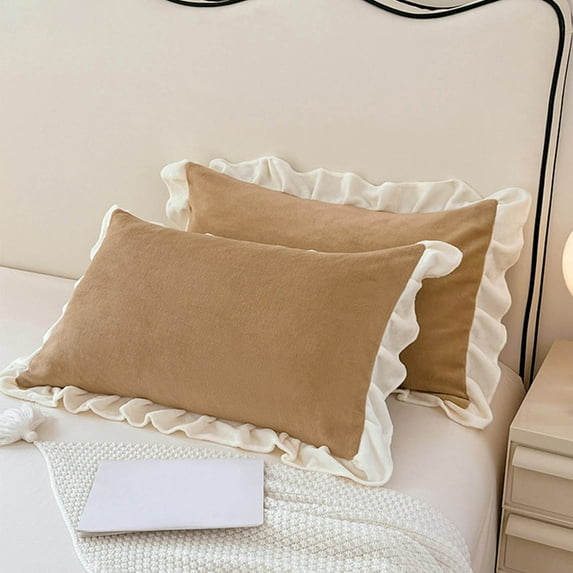 Standard Pillow Cases Crystal Velvet Winter Pillowcase, Lace Trim Solid Color Pillow Cover, Machine Washable Decorative Bedding, Soft Home Sofa Cushion Case