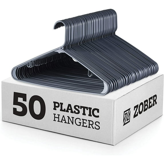 Standard Plastic Hangers Grey (50 Pack) Durable Tubular Shirt Hanger Ideal for Laundry & Everyday Use, Slim & Space Saving, Heavy Duty Clothes Hanger for Coats, Pants, Dress, Etc. Hangs up to 5.5 lbs