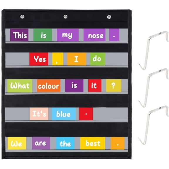 Standard Pocket Chart, Pocket Chart for Classroom with 5 Clear Pockets, Black Storage Pockets Charts Schedule Wall File Organizer with 3 Over Door Hangers for Classroom School Home Supplies 22" x 17"