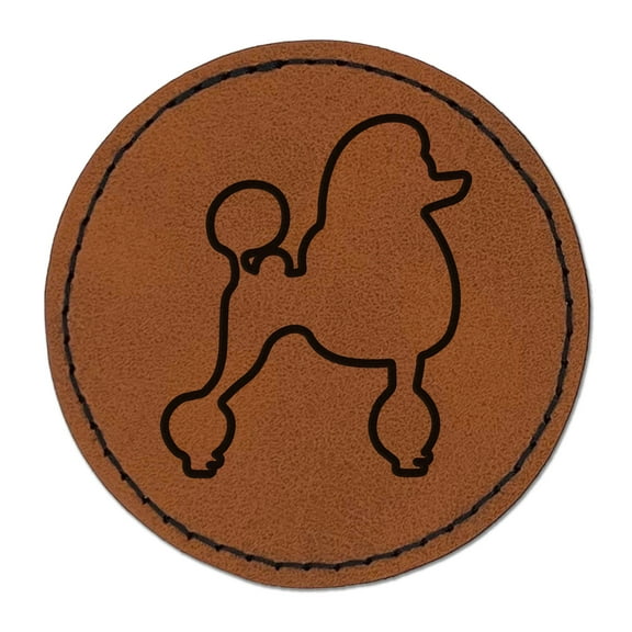 Standard Poodle Dog Outline 2.5" Faux Leather Round Engraved Iron-On Patch - Brown