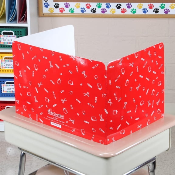 Standard Privacy Shields for Student Desks Set of 12 - Matte - Study Carrel Reduces Distractions - Keep Eyes From Wandering During Tests , Red With School Supplies Pattern