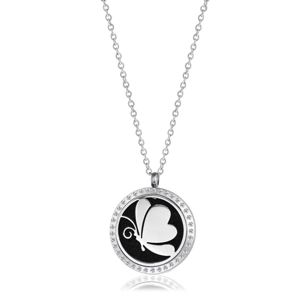 Standard Rhinestone Butterfly Silver Aromatherapy Jewelry Essential Oil Diffuser Necklace for Women with Gift Box