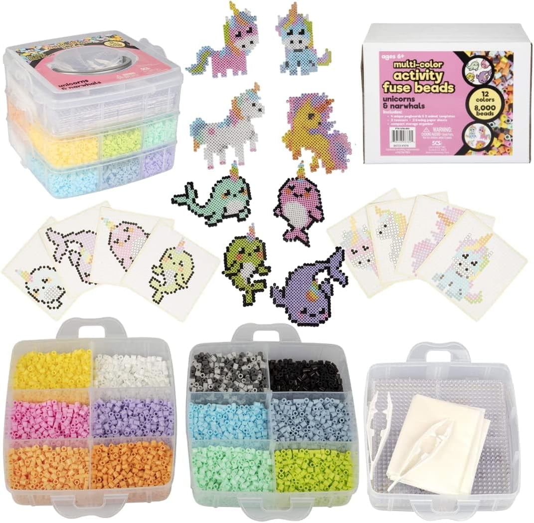 8,000pc Fuse Bead Unicorn & Narwhals Kit for Girls-12 Colors, 8 Animal Templates, 4 Peg Boards, Tweezers, Ironing Paper, Case-Works w Perler, Summer Camp Arts & Craft Project