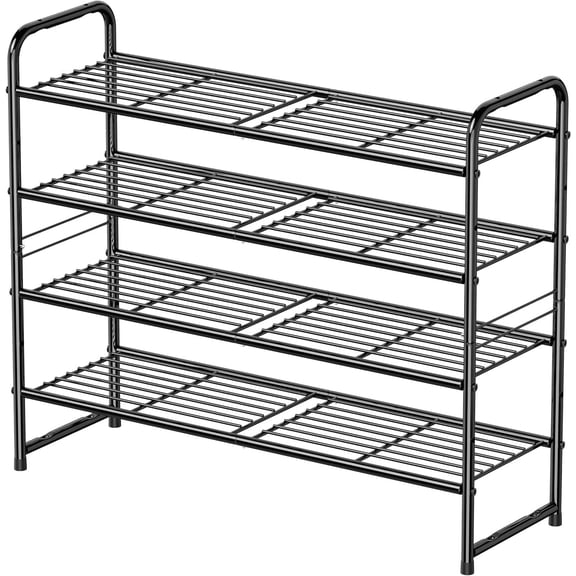 Standard Shoe Rack 4-Tier 32.5 Inches Wide, Free Standing Shoe Organizer for Indoor Outdoor | Adjustable Heavy-Duty Metal Shelf Ideal for Home Entryway Closet & Garage Balcony | Black