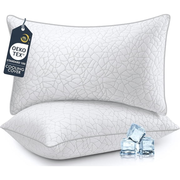 Standard Size Cooling Bed Pillows - Down Alternative Breathable Pillows Set of 2 for Side, , and Sleepers Hotel Quality Soft Microfiber Fill -Friendly