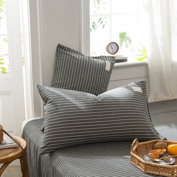 Stripe Pillowcase Standard Size Soft Breathable Pillow Sham, Farmhouse Washed Cotton Pillow Cover with Envelope Closure for Bedroom, Neutral Decor Pillow Case