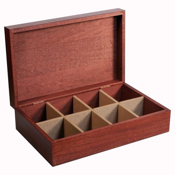 Standard Tea Chest - Cherry Finish | Solid Wood Tea Storage Box | Holds 96 Teas Bags in 8 Compartments | Elegant Wooden Organizer for Home, Kitche,n Dining or Office