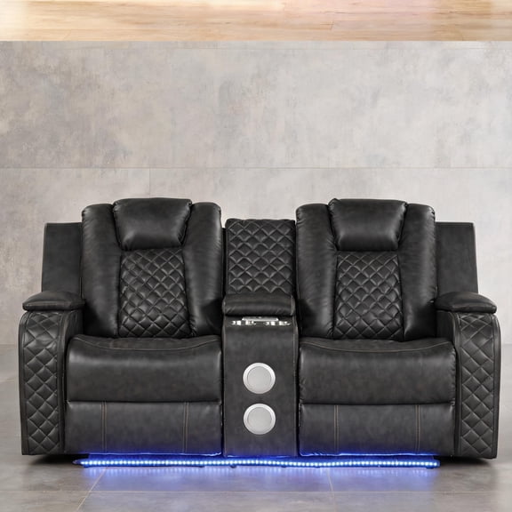 Standard Two-Seat Power Reclining Loveseat with LED, USB, and Bluetooth, Classic Black Faux Leather