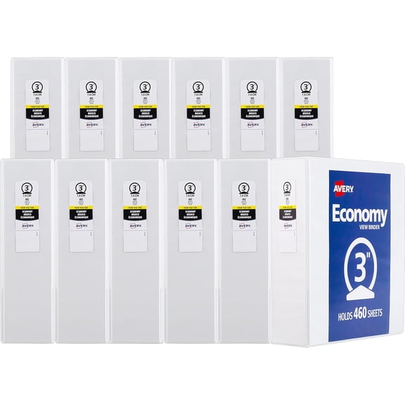Standard View 3 Ring Binders, 3" Round Rings, 460-Sheet Capacity, 3.5 Inch Wide Spine, White Binders, Ideal for Lightweight Organization and Occasional Referencing (12-Pack of 05741)