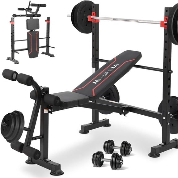 Standard Weight Bench Set with Extension and , Adjustable Bench Press with Squat Rack, Foldable Flat Incline Decline Workout Bench for Gym Full ( Stock)