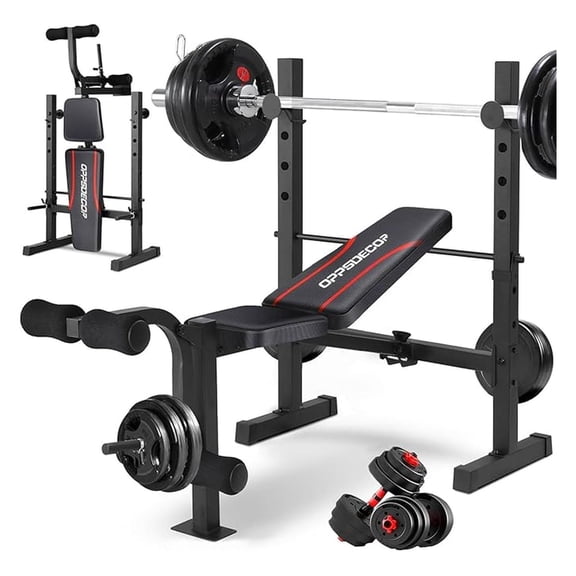 Standard Weight Set with Squat Rack, 600LBS Adjustable Press Set with Leg Extension and Leg , Foldable Flat Incline Decline Workout for Home Gym Full Body Training