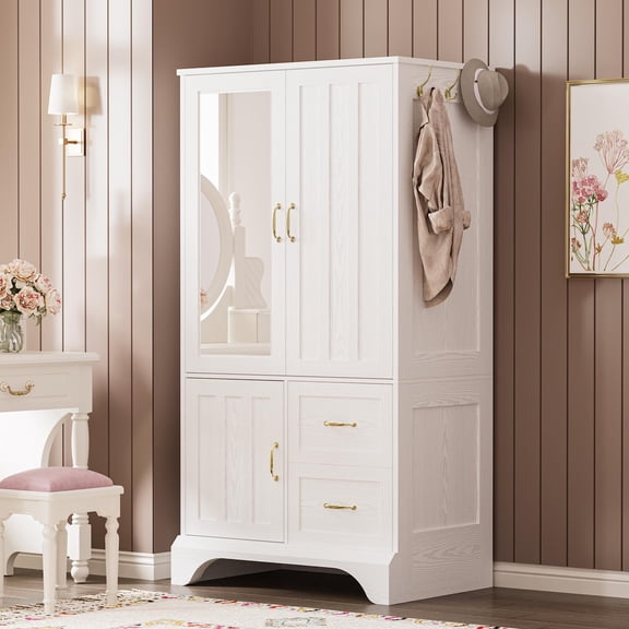 Standard White Armoire Wardrobe With Mirror, 3 Doors, 2 Drawers, Hanging Rod And Gold-Tone Hardware