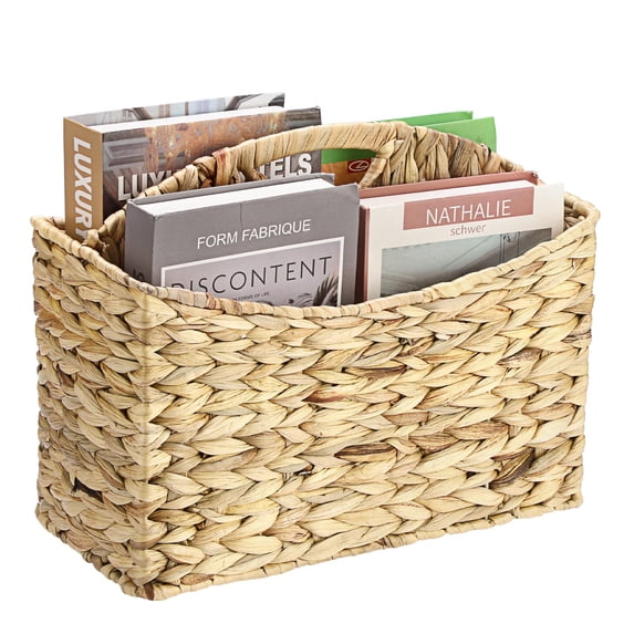 Standard Woven Water Hyacinth Magazine Holder, 2-Section Natural Storage Basket With Handle For Books, Files, Home And Office