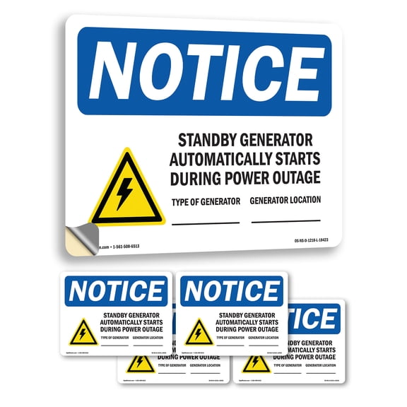 Standby Generator Automatically With Symbol OSHA Notice Vinyl Decal Label 18 Inch x 12 Inch - 5 Pack