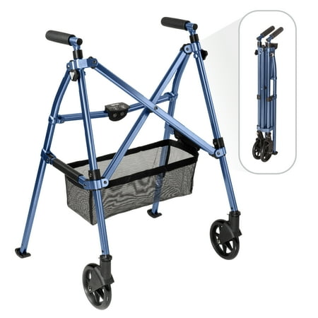 Stander Wonder Walker Plus, Lightweight Folding Rolling Walker for Seniors, Collapsible Travel EZ Fold-N-Go Walker with Wheels, Glides, & Basket, Compact Standard Walker, Blue