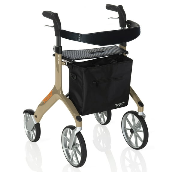 Stander Let's Fly Rollator, Four Wheel Folding Walker with Seat, Beige