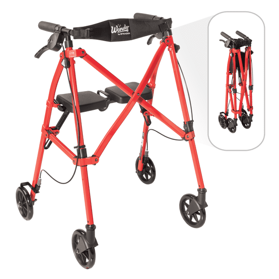 Stander Space Saver Rollator, Lightweight Folding Walker for Seniors, Four Wheel Rolling Walker with Seat & Locking Brakes, Sport Red
