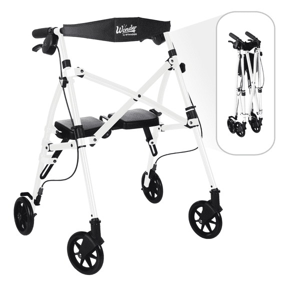 Stander Space Saver Rollator Short, Lightweight Junior Folding Walker for Seniors, Petite Four Wheel Rolling Walker with Seat & Locking Brakes, Vivid White