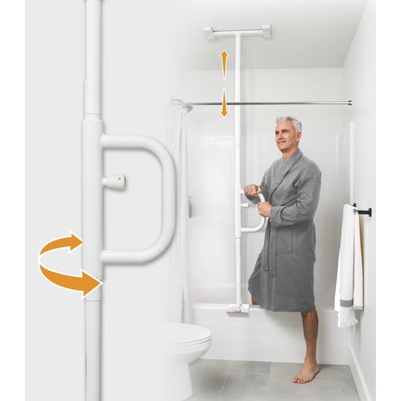 Stander Wonder Bathtub Pole with Rotating Single Grab Bar, Adjustable Shower Handle for Bathtubs, Clamp-on Bathroom Safety Rail for Seniors & Elderly Adults, No-Drill Installation, White