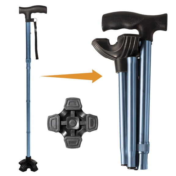 Stander Wonder Cane, Foldable Walking Cane for Stability, Collapsible Free-Standing Walking Stick with Adjustable Handle, Lightweight Quad Cane for Men, Women, Seniors and Elderly, Cobalt Blue