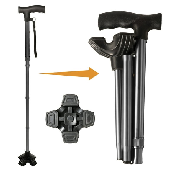 Stander Wonder Cane, Foldable Walking-Cane for Stability, Collapsible Free-Standing Walking-Stick with Adjustable Handle, Lightweight Quad-Cane for Men, Women, Seniors and Elderly, Black Walnut