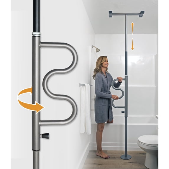 Stander Wonder Pole Plus, Security Pole and Curve Grab Bar, Bathroom Safety Rail for Elderly, Tension Mounted Floor to Ceiling Safety Assist Handle for Seniors, Supports 300 lbs, Graphite