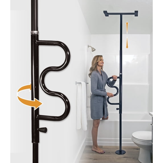 Stander Wonder Pole Plus, Security Pole and Curve Grab Bar, Bathroom Safety Rail for Elderly, Tension Mounted Floor to Ceiling Safety Assist Handle for Seniors, Supports 300 lbs, Black