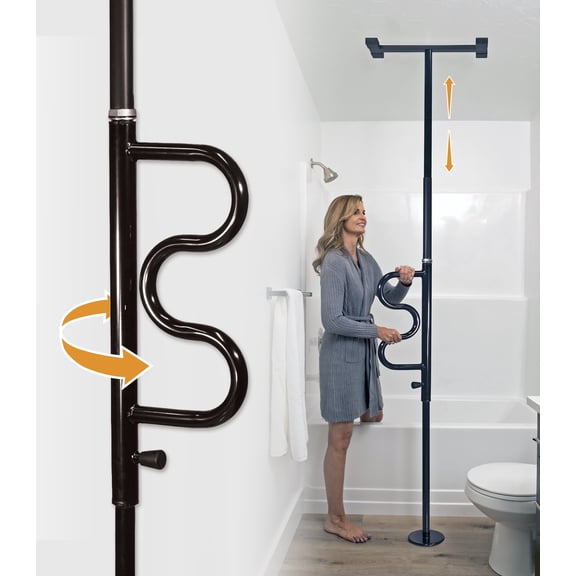 Stander Wonder Pole Plus, Security Pole and Curve Grab Bar, Bathroom Safety Rail for Elderly, Tension Mounted Floor to Ceiling Safety Assist Handle for Seniors, Supports 300 lbs, Black