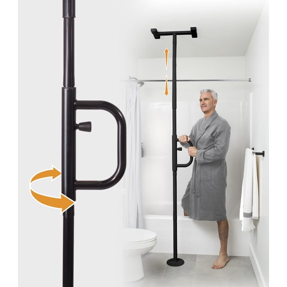 Stander Wonder Pole with Rotating Single Grab Bar, Tension Mounted Floor to Ceiling Transfer Pole for Seniors & Elderly Adults, No-Drill Support Rail with Assist Handle for Home & Bath Safety, Black