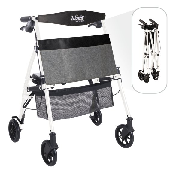 Stander Wonder Rollator Plus Short, Lightweight Junior Folding Walker for Seniors with EZ Fold-N-Go Technology, Four Wheel Petite Rolling Walker with Seat, Locking Brakes, Vivid White