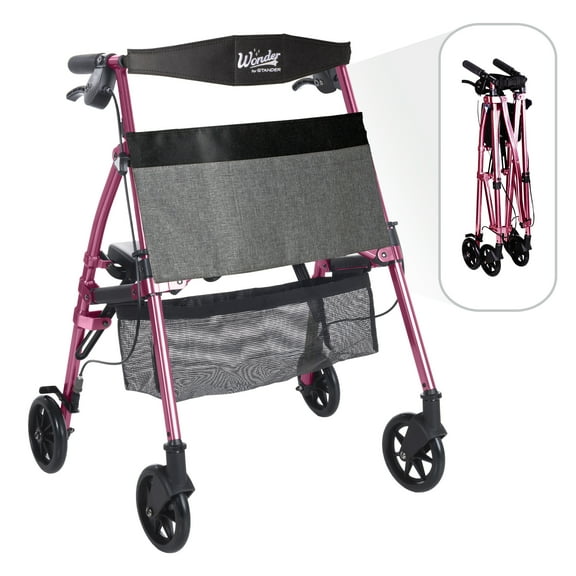 Stander Wonder Rollator Plus Short, Lightweight Junior Folding Walker for Seniors with EZ Fold-N-Go Technology, Four Wheel Petite Rolling Walker with Seat, Locking Brakes, Pink