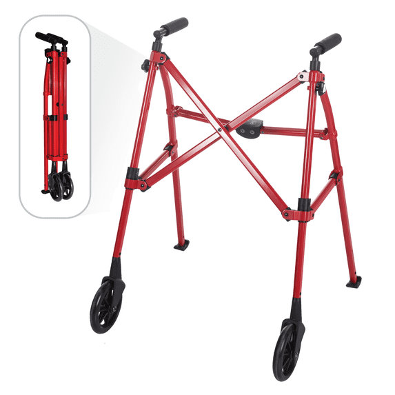 Stander Space Saver Walker, Lightweight Folding Walker for Seniors, Adult Walker with Wheels, Two Wheeled Rolling Walker with Rear Ski Glides, Sport Red