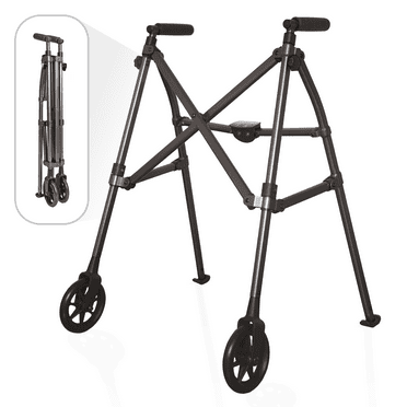 Stander Wonder Walker, Lightweight Folding Space Saver Walker for Seniors, Adult Walker with Wheels, Two Wheeled Rolling Walker and Ski Glides, Black