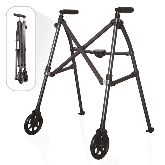 Stander Space Saver Walker, Lightweight Folding Walker for Seniors, Adult Walker with Wheels, Two Wheeled Rolling Walker with Rear Ski Glides, Black Walnut