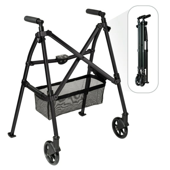 Stander Wonder Walker Plus, Lightweight Folding Rolling Walker for Seniors, Collapsible Travel EZ Fold-N-Go Walker with Wheels, Glides, & Basket, Compact Standard Walker, Matte Black