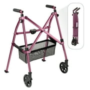 Stander Wonder Walker Plus, Lightweight Folding Rolling Walker for Seniors, Collapsible Travel EZ Fold-N-Go Walker with Wheels, Glides, & Pouch, Compact Standard Walker, Pink