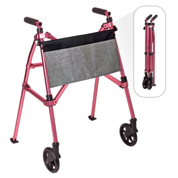 Stander Wonder Walker Plus, Lightweight Folding Rolling Walker for Seniors, Collapsible Travel EZ Fold-N-Go Walker with Wheels, Glides, & Pouch, Compact Standard Walker, Pink
