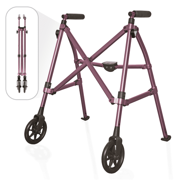 Stander Space Saver Walker Short, Lightweight Folding Walker for Seniors, Petite Junior Walker with Wheels, Two Wheeled Rolling Walker with Rear Ski Glides, Regal Rose