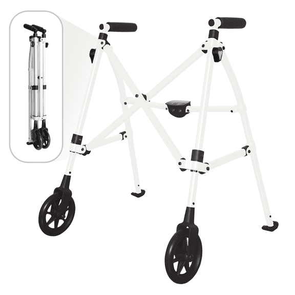 Stander Space Saver Walker Short, Lightweight Folding Walker for Seniors, Petite Junior Walker with Wheels, Two Wheeled Rolling Walker with Rear Ski Glides, Vivid White