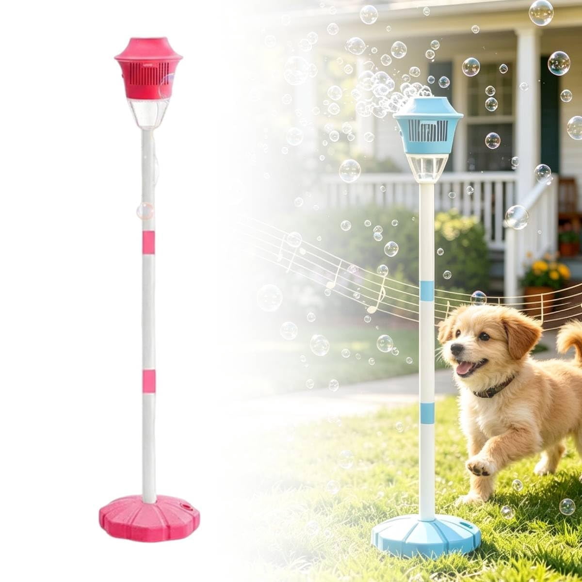 Standing Automatic Bubble Machine with Light: Rechargeable Bubble Tower with Music - 3 Adjustable Heights Street Lamp Bubbles Maker for Outdoor Garden, Patio, Wedding, Party (red & Blue)