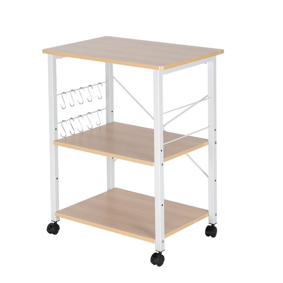 Standing Baker's Racks, 3-Tier Kitchen Microwave Oven Stand with Metal Frame and 10 Hooks, Multi-functional Coffee Bar Table