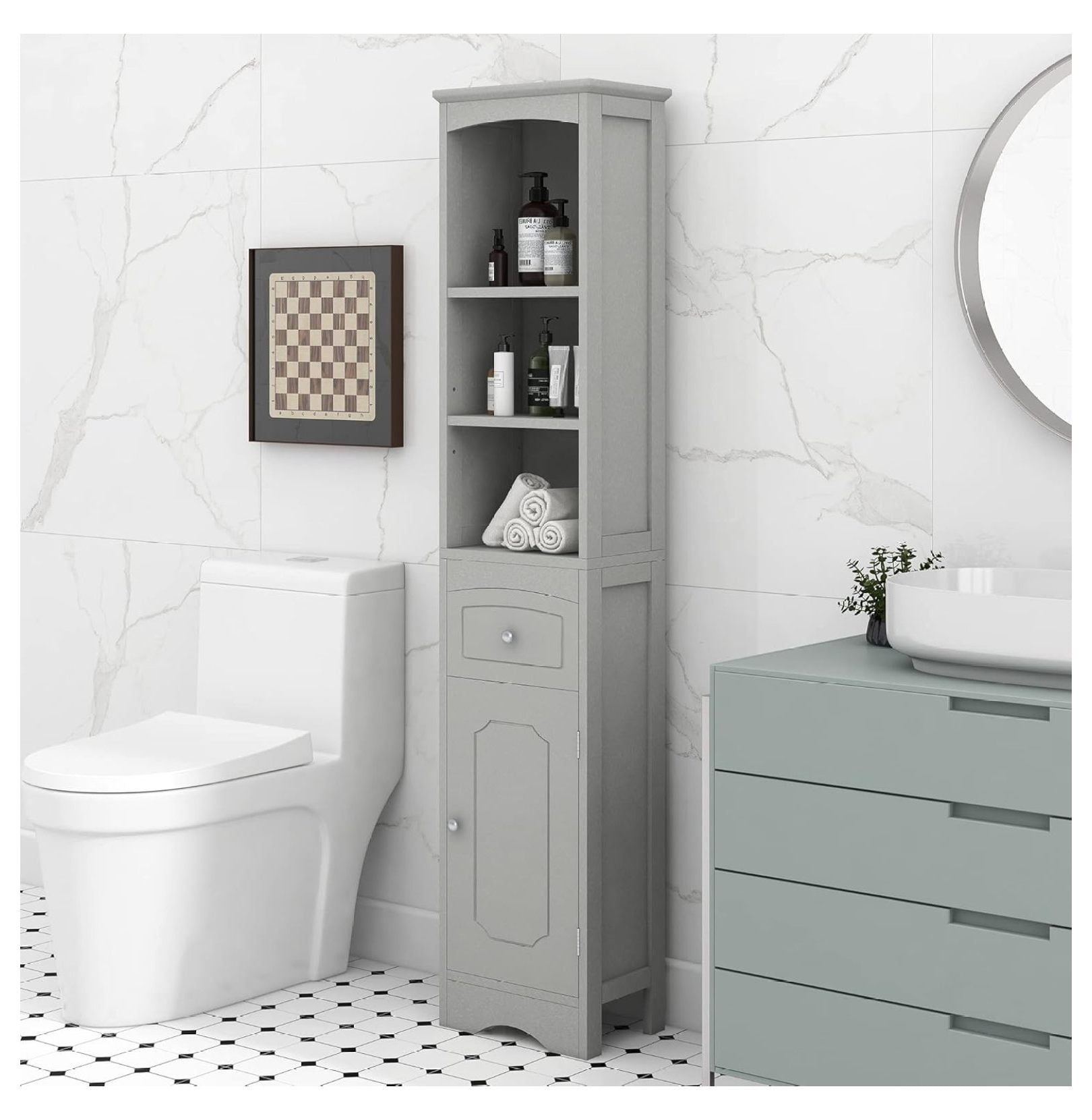 Standing Bathroom Storage with Doors, Drawer and Shelves